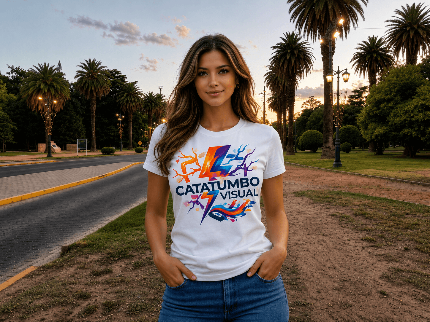 Modelo luciendo remera personalizada con estampado DTF Catatumbo Visual
